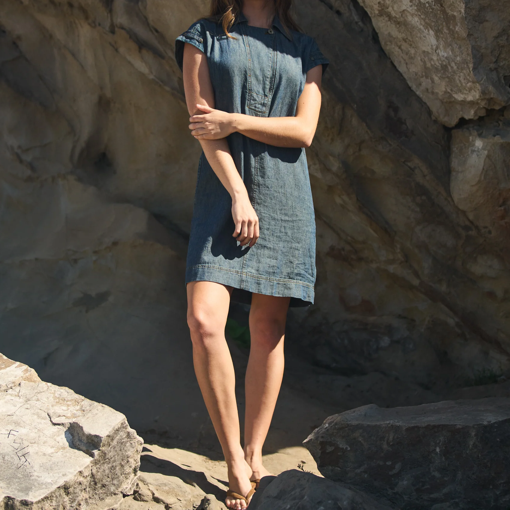 Cap Sleeve Linen Blend Denim Shift Dress