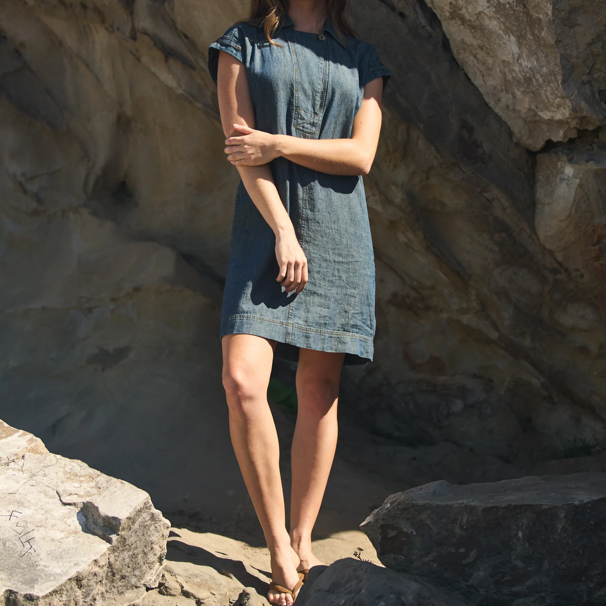 Cap Sleeve Linen Blend Denim Shift Dress