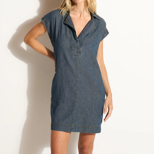 Cap Sleeve Linen Blend Denim Shift Dress
