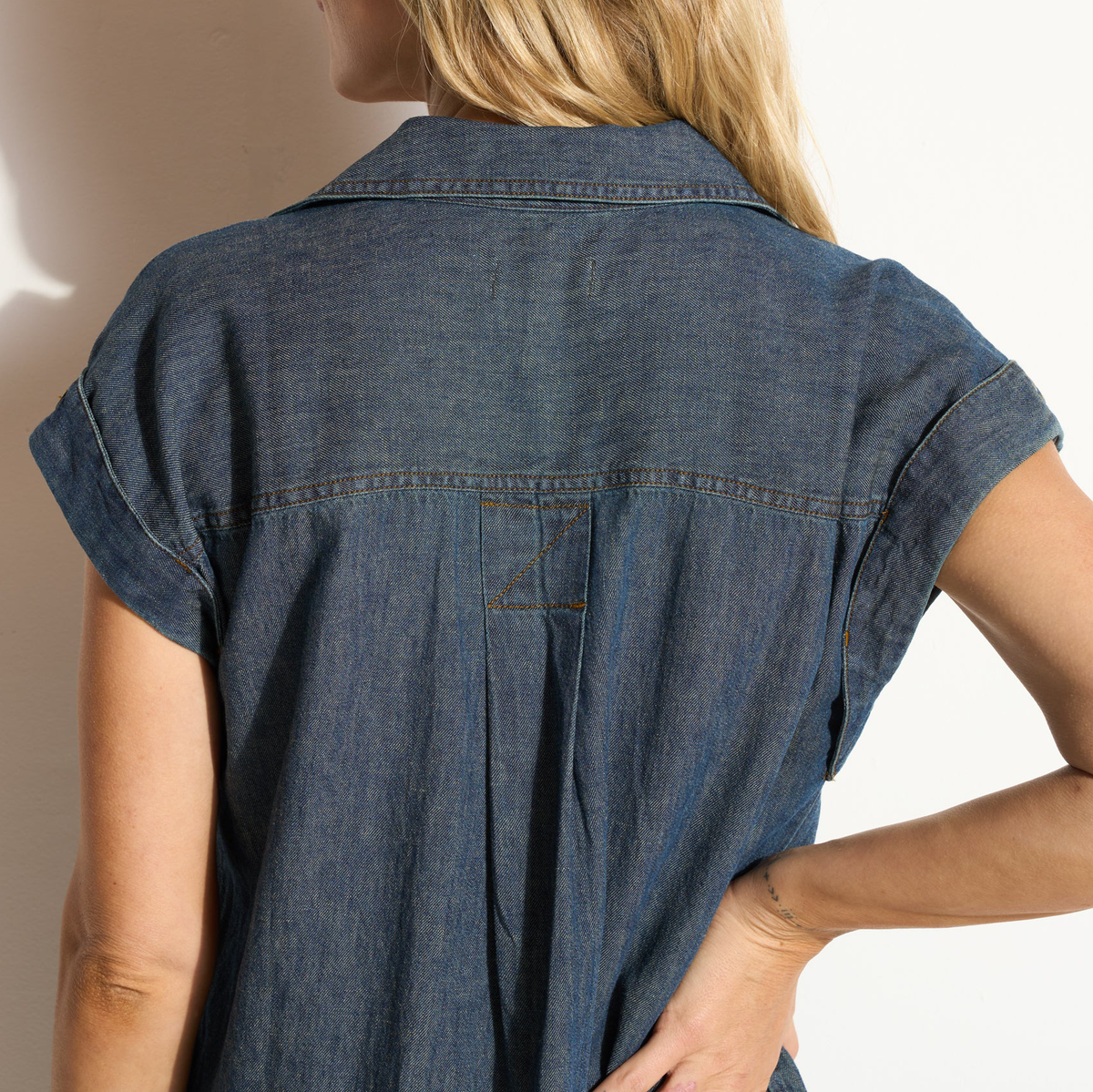 Cap Sleeve Linen Blend Denim Shift Dress