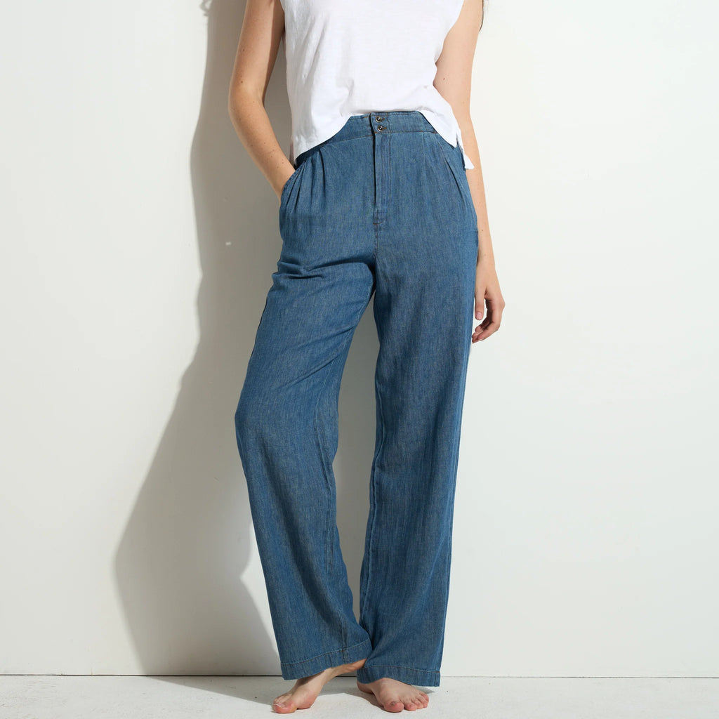 Fluid Wide Leg Linen Blend Denim Pant