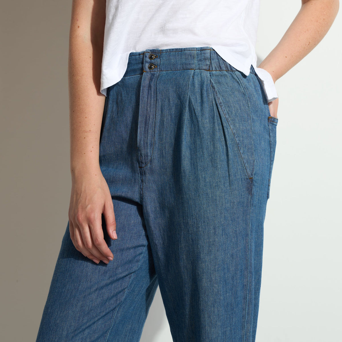 Fluid Wide Leg Linen Blend Denim Pant