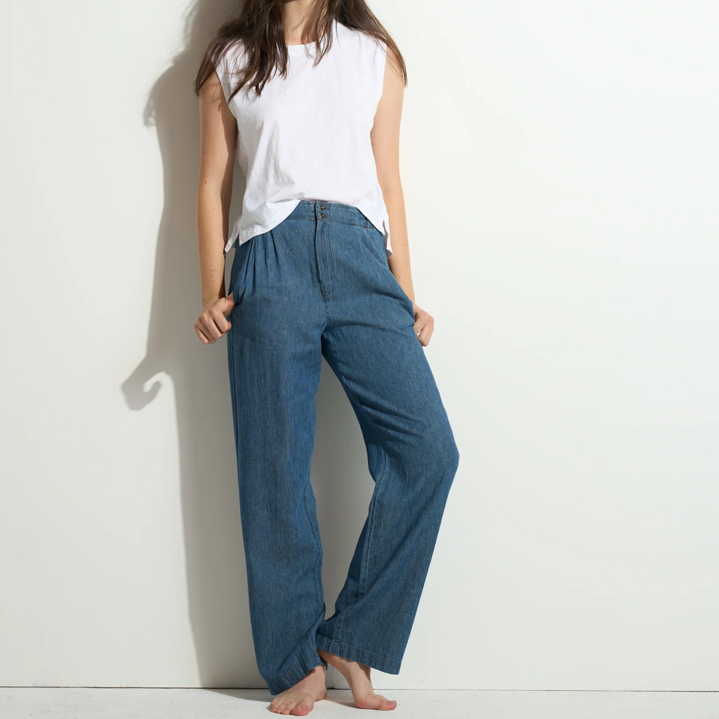 Fluid Wide Leg Linen Blend Denim Pant
